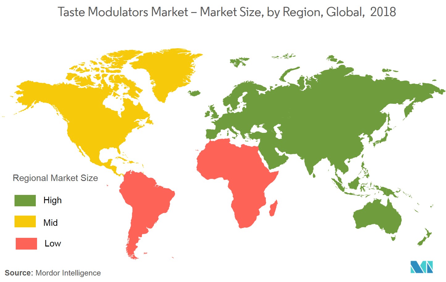 Mercado de moduladores de sabor – Tamanho do mercado, por região, global, 2018